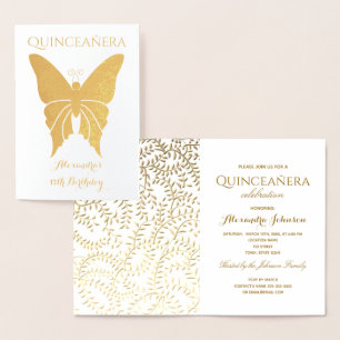 Convite de Quinceanera em Ouro Elegante