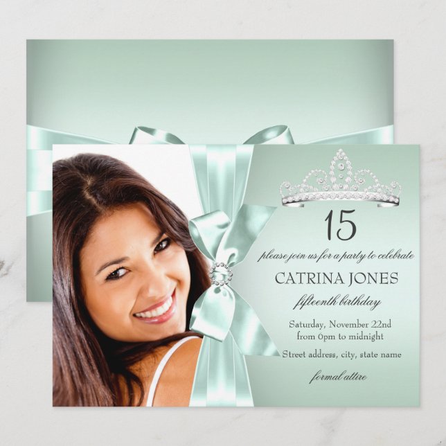 Convite de Quinceanera em Prata e Verde Menta com  (Frente/Verso)