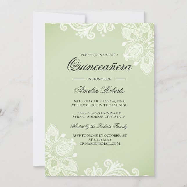 Convite de Quinceanera em Renda Vintage Verde Suav (Frente)