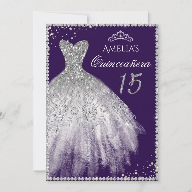 Convite de Quinceanera em Tecido Brilhante Prata R (Frente)