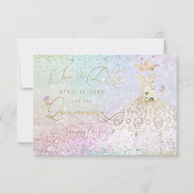 Convite de Quinceanera em Vestido Dourado Branco (Frente)