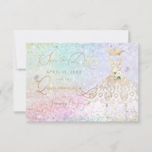 Convite de Quinceanera em Vestido Dourado Branco