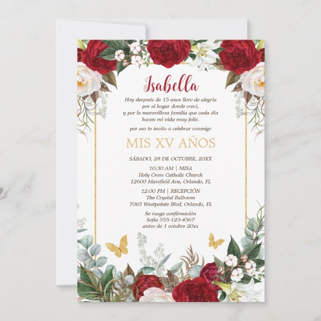 Convite de Quinceañera en Español Flores Rojas (Frente)