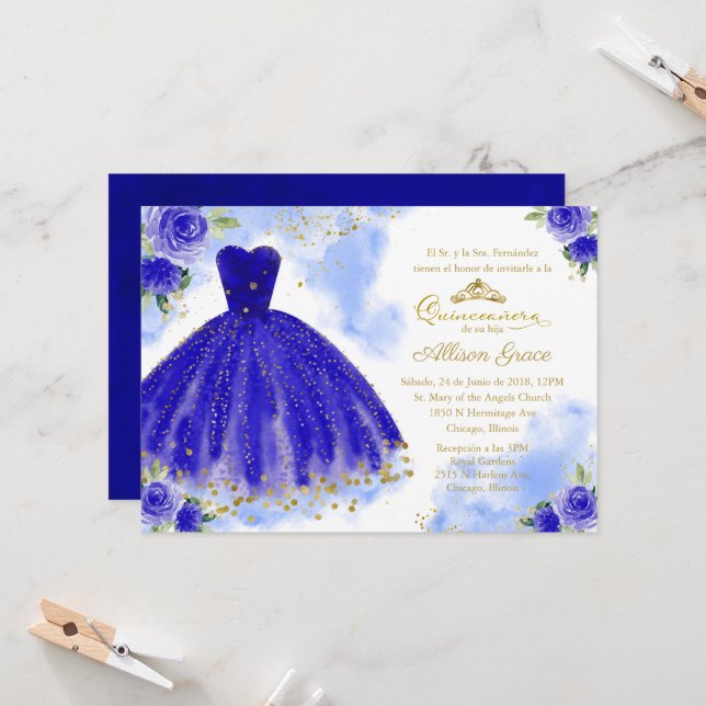 Convite de Quinceanera Espanhol Dourado Azul Real (Frente/Verso In Situ)