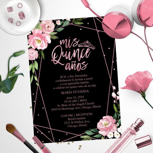 Convite de Quinceanera Espanhol Rosa Bege Dourado  (Criador carregado)