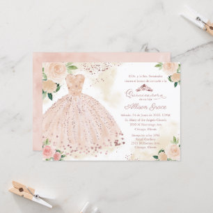 Convite de Quinceanera Espanhol Rosa Bege Dourado
