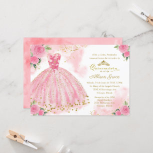 Convite de Quinceanera Espanhol Rosa Quente Dourad