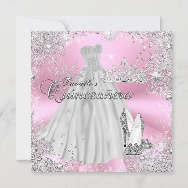 Convite de Quinceanera Floco de Neve Brilho Rosa (Frente)