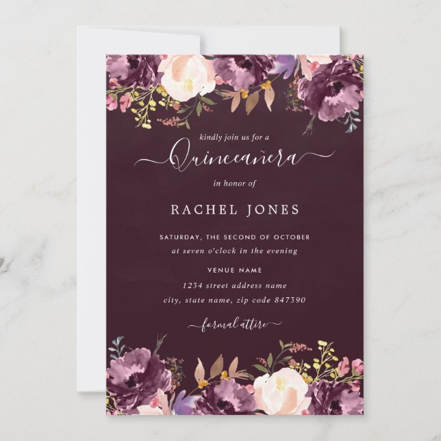 Convite de Quinceanera Flor de Aguarela Roxo (Frente)