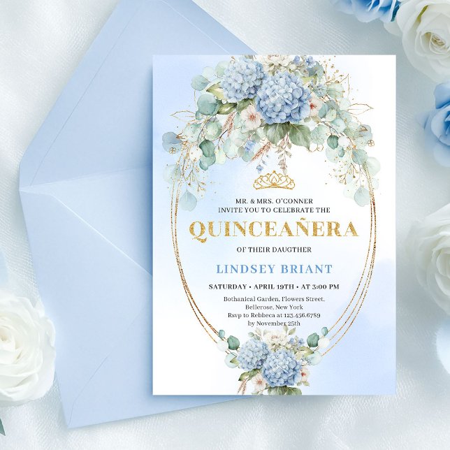 Convite de Quinceañera Floral Azul Atemporal em Do (Timeless Blue Floral Gold Quinceañera Invitation)