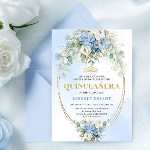 Convite de Quinceañera Floral Azul Elegante Dourad