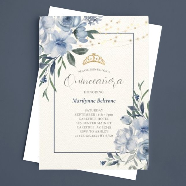 Convite de Quinceañera Floral Azul Empoeirado (Criador carregado)