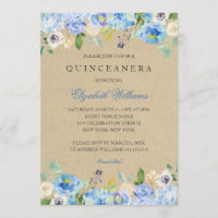 Convite de Quinceanera Floral Azul Vintage Rústico