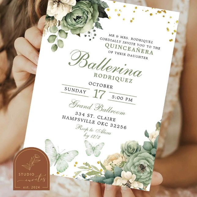 Convite de Quinceanera Floral Borboleta Verde Salv (Criador carregado)