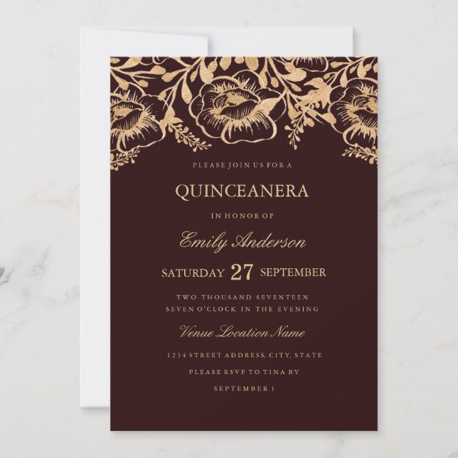 Convite de Quinceanera Floral Borgonha Dourado Vin (Frente)