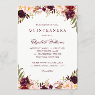 Convite de Quinceanera Floral Burgundy Elegante