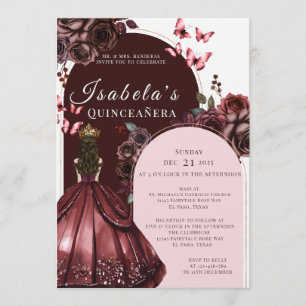 Convite de Quinceanera Floral Burgundy Elegante
