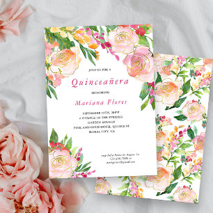 Convite de Quinceanera Floral Chic Rosa e Dourado