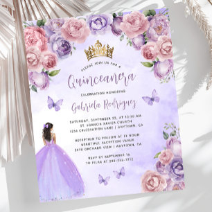 Convite de Quinceañera Floral com Bege Roxo Orçame