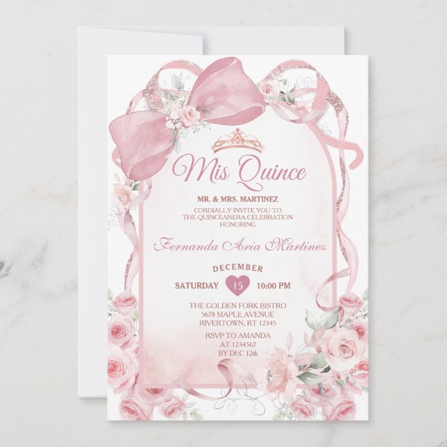 Convite de Quinceañera Floral com Laço Rosa (Frente)