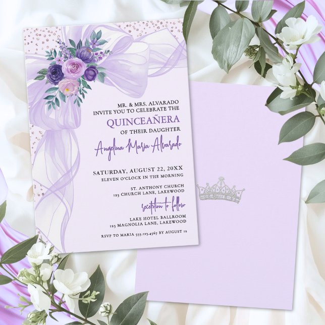 Convite de Quinceanera Floral com Laço Roxo (Purple Bow Quinceanera Invitation)