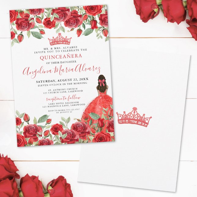 Convite de Quinceanera Floral com Rosas Vermelhas (Red Roses Floral Quinceanera Invitation)