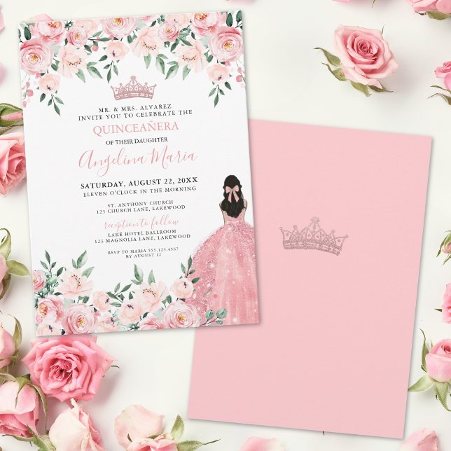 Convite De Quinceanera Floral Cor-De-Rosa Esbranqu (Blush Pink Floral Quinceanera Invitation)
