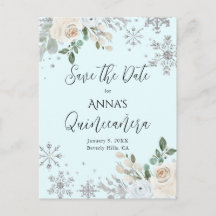 Convite de Quinceanera Floral de Inverno Azul Clar