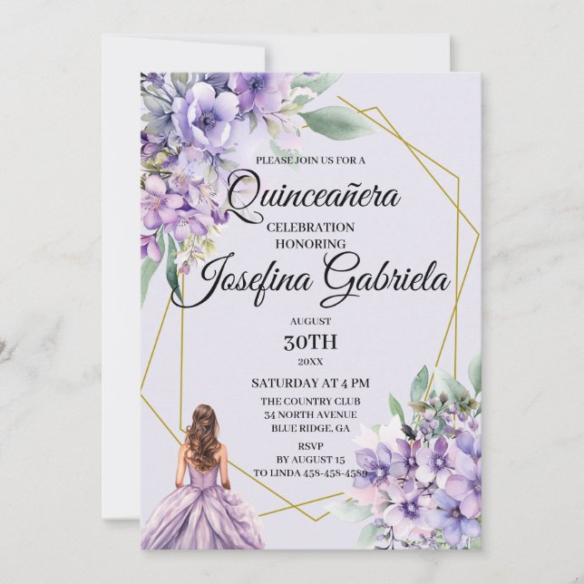 Convite de Quinceañera floral de lavanda (Frente)