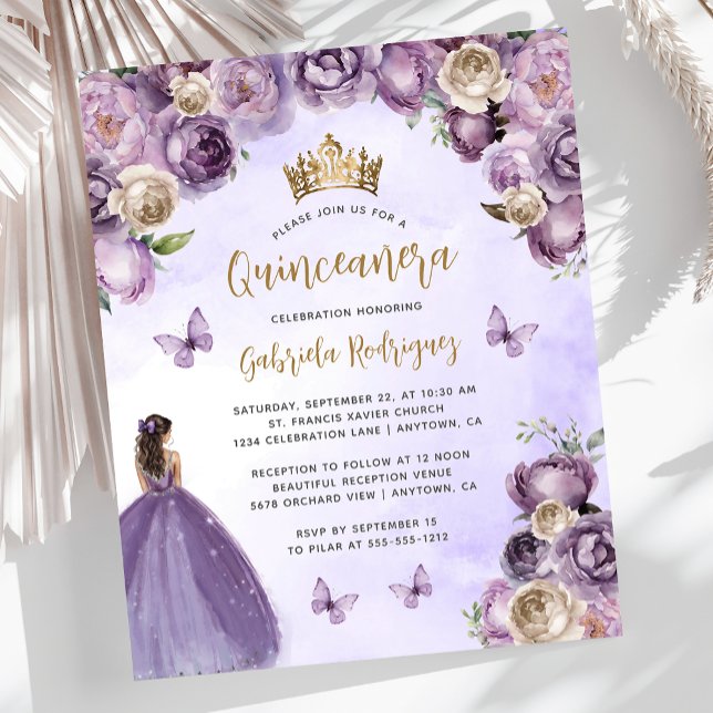 Convite de Quinceañera Floral Dourado Marfim Roxo  (Criador carregado)