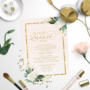 Convite de Quinceanera Floral Dourado Rosa Folhead