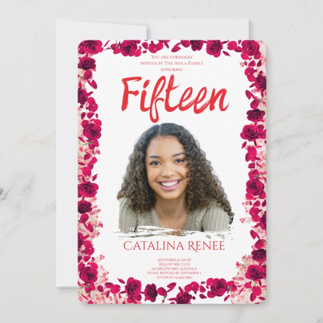 Convite de Quinceañera Floral Elegante Rosa (Frente)