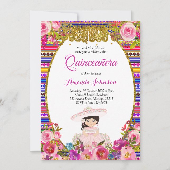 Convite de Quinceañera Floral em Espanhol (Frente)