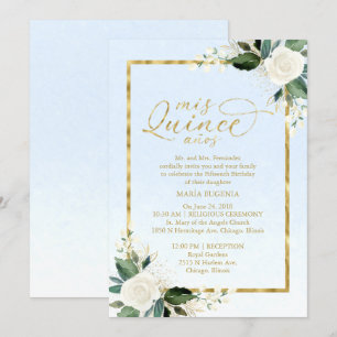 Convite de Quinceanera Floral em Folha Dourada Azu