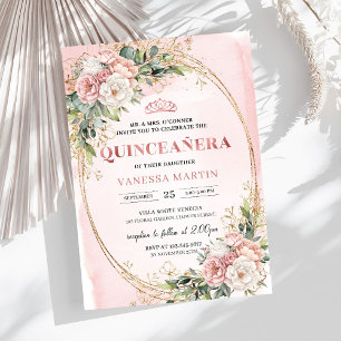 Convite de Quinceañera Floral em Rose Gold Eucalip
