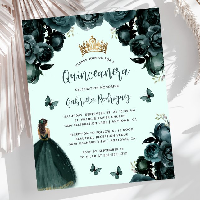 Convite de Quinceañera Floral Esmeralda Orçamento (Criador carregado)