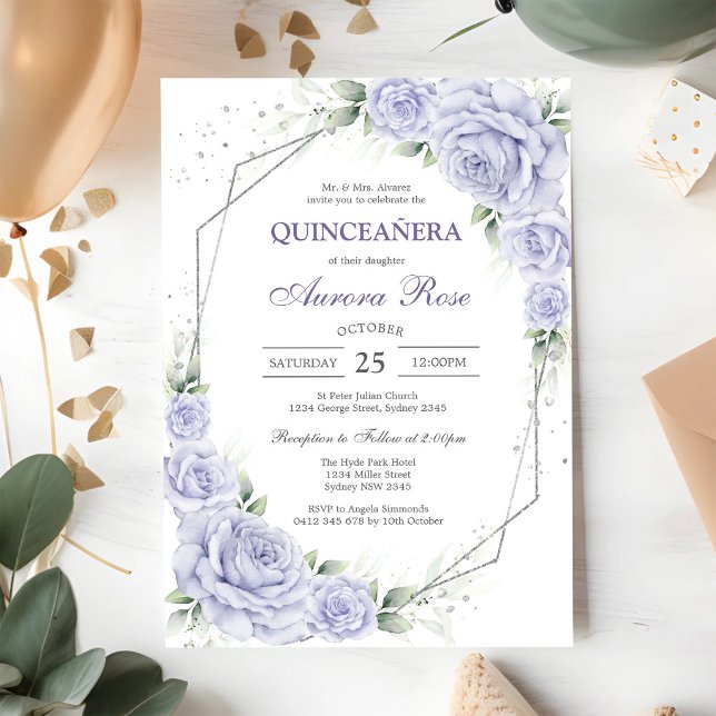 Convite de Quinceanera Floral Lilás Moderno (Criador carregado)