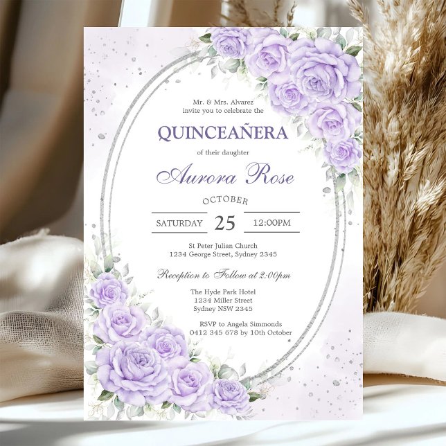 Convite de Quinceanera Floral Lilás Moderno (Criador carregado)