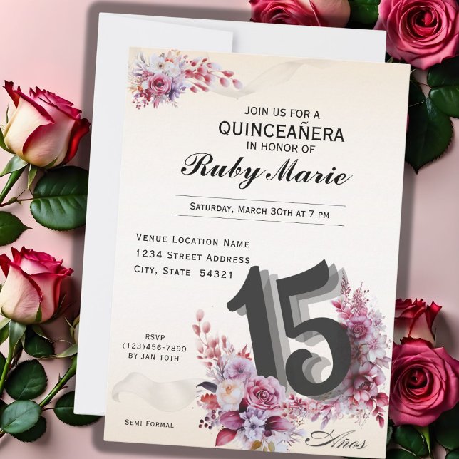 Convite de Quinceanera Floral Número 15 Tons de Ro (Criador carregado)