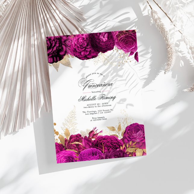 Convite de Quinceañera Floral Ousado Rosa Choque e (Bold Hot-Pink and Gold Floral Quinceañera Photo Invitation)
