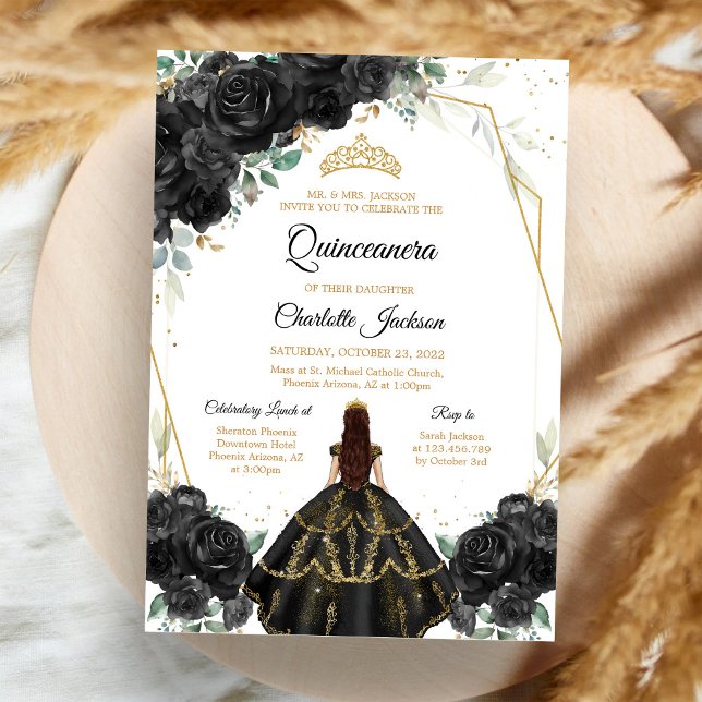 Convite de Quinceanera Floral Preto (Criador carregado)