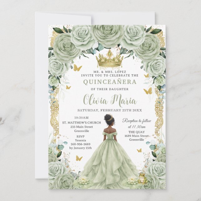 Convite de Quinceañera Floral Princesa e Sapo em V (Frente)