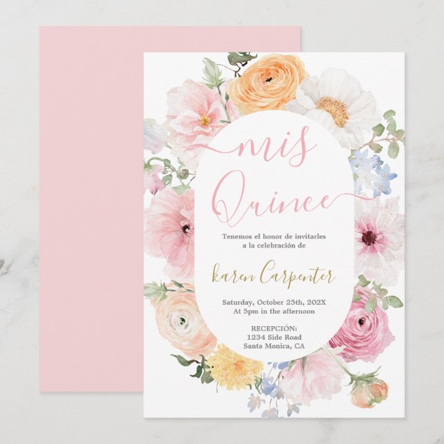 Convite De Quinceanera Floral Rosa (Frente/Verso)