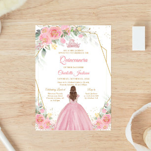Convite de Quinceanera Floral Rosa Bege