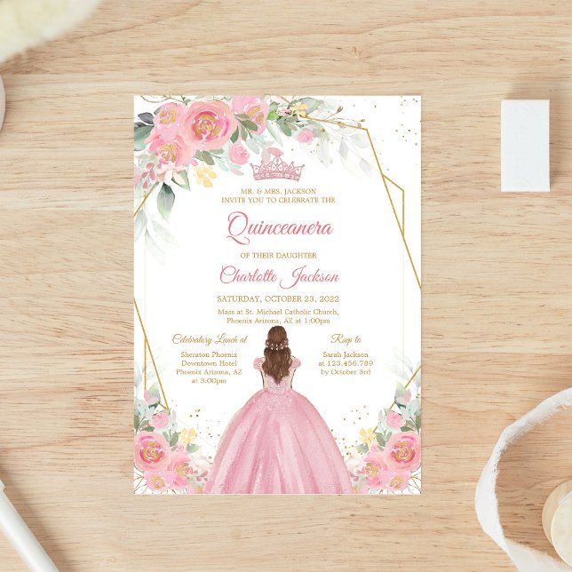 Convite de Quinceanera Floral Rosa Bege (Criador carregado)