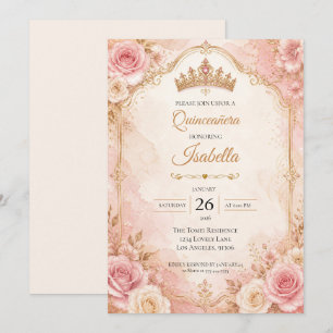Convite de Quinceañera Floral Rosa Bege Dourado