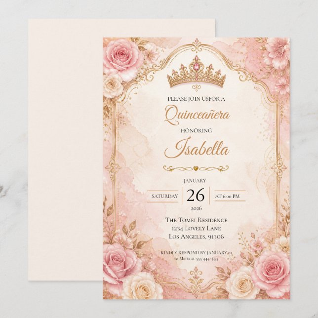 Convite de Quinceañera Floral Rosa Bege Dourado (Frente/Verso)
