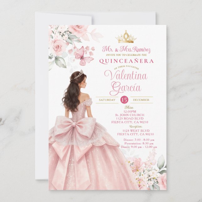 Convite de Quinceañera Floral Rosa Corado (Frente)