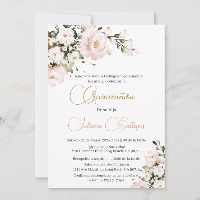 Convite de Quinceanera Floral Rosa Espanhol (Frente)