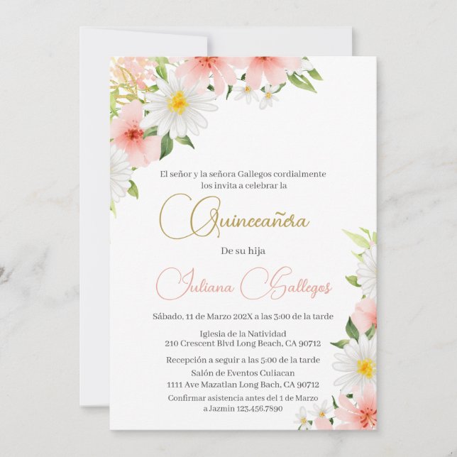 Convite de Quinceanera Floral Rosa Espanhol (Frente)